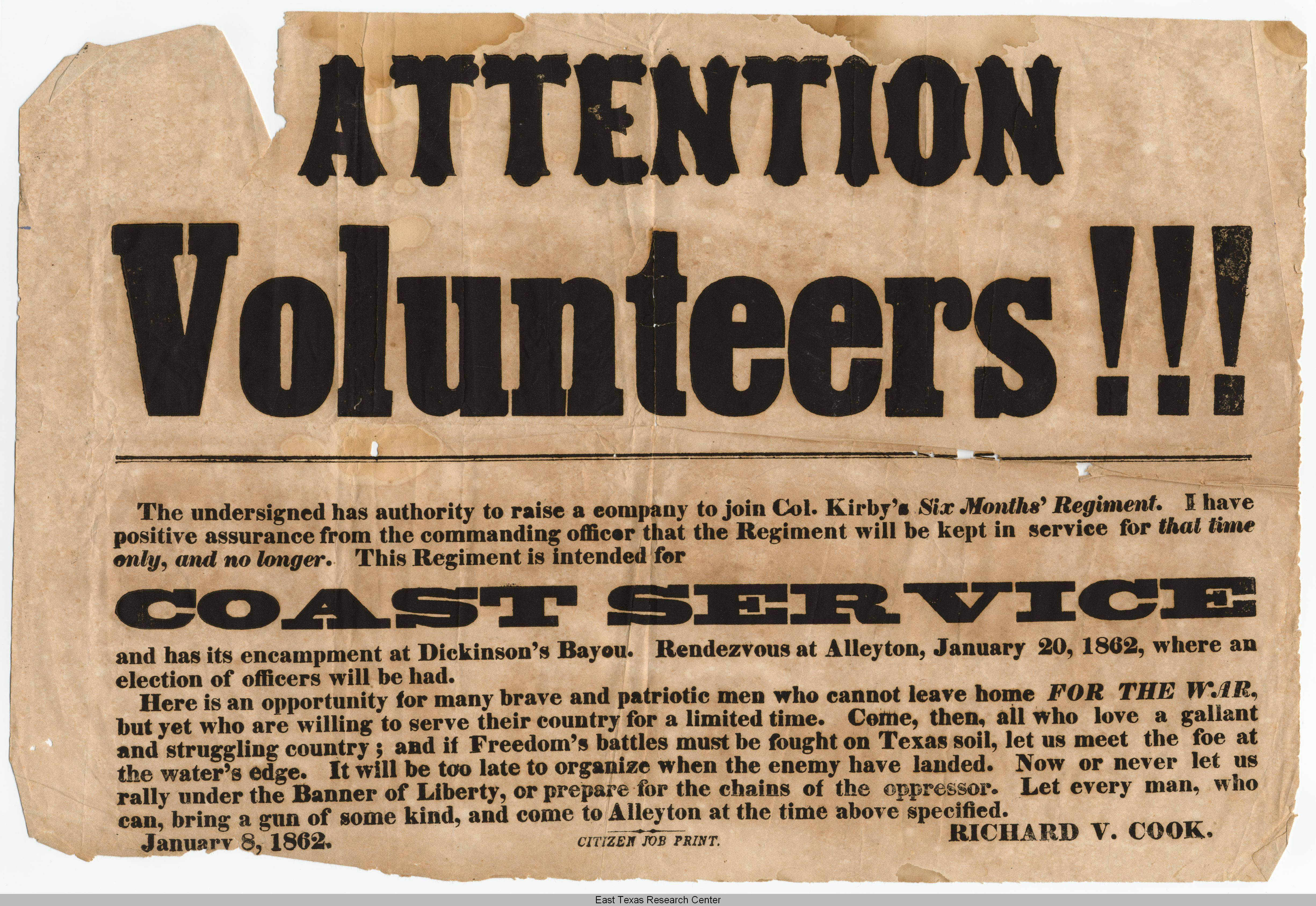 Newspaper call for Confederate volunteers