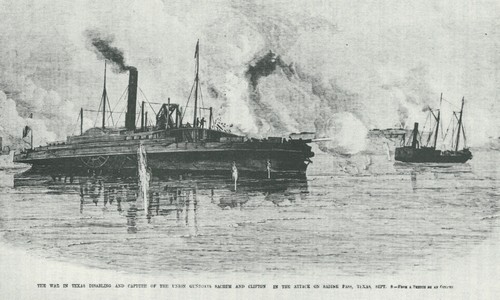 Sketch of the Battle of Sabine Pass that appeared in Frank Leslie’s Illustrated Newspaper, September 10, 1863, shows the Gunboat Clifton on the left and the Sachemon the right.