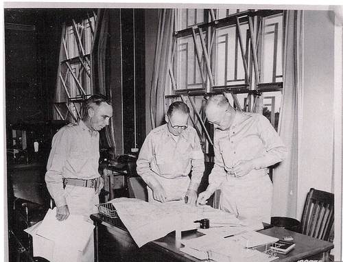 Colonel Dwight Eisenhower on right looking over details and maps during the Louisiana Maneuvers