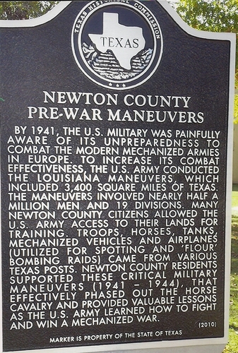 Photo of historical marker in Newton Texas concerning the 1941 Maneuvers