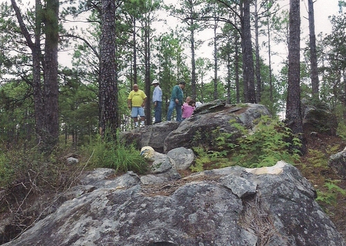 State Representative James Armes and others of the Vernon Parish Tourism group standing on what was the top of the hill where Murrell’s Caves was located in the Kisatchie National Forest.