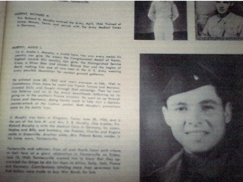 Audie Murphy’s biography and photo in the book the Fighting Men and Women from Collin County Texas owned by the author.