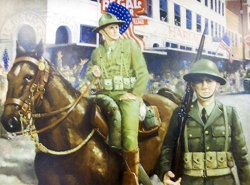 Painting at Ft. Polk showing the U.S. Cavalry and U.S. Army Infantry on parade in Leesville after the maneuvers. 