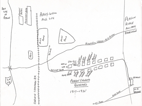 Map drawn by the author of the Peason Colored Quarters listing residents and locations of their homes. (Rickey Robertson Collection)