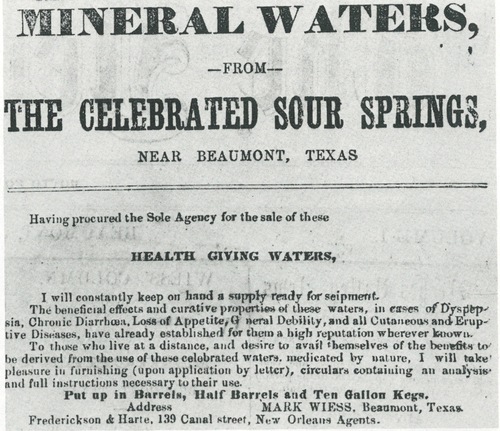 This 1873 Beaumont News-Beacon ad touted the healthy benefits of water from the “Sour Springs” near Beaumont.