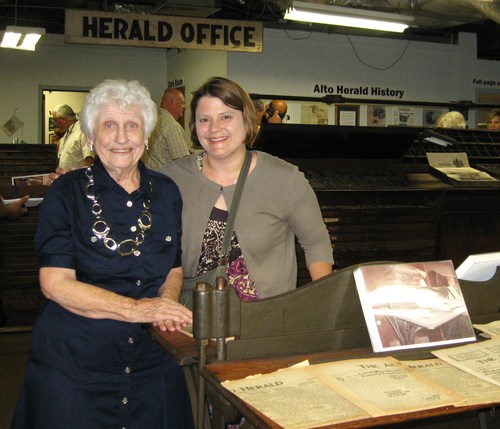 Left to Right: Virginia Singletary, historian and Alto Library Director; and Ana Krahmer, Portal to Texas History coordinator. Miss Krahmer has worked with Terri Gonzales to digitize back issues of the newspapers.