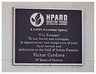 A plaque honoring Cordova’s decades of service to the city adorns the Houston Parks and Recreation Department office. In addition to this permanent marker, Houston Mayor Sylvester Turner formally proclaimed Dec. 31, 2020, Victor Cordova Day.