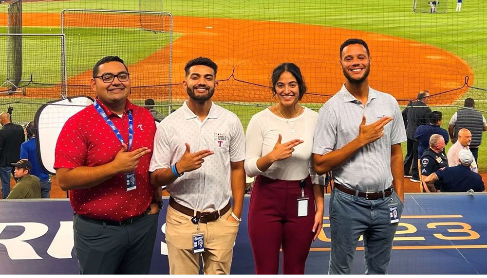 Pictured, from left, Aaron Rangel ’20, Isaiah Schreiber ’20, Bryana Novegil ’21 & ’23 and Isaiah Yates ’18. Photo courtesy of SFA’s Nelson Rusche College of Business sports business program