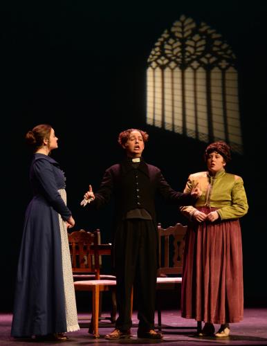 Theatre students Colby Green, Bayley Owen and Sedona McDonald in a scene from Kate Hamill's "Pride and Predjudice" at SFA.