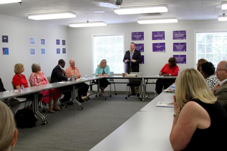 Dr. Steve Cooper, Stephen F. Austin State University School of Social Work associate director of research, leads a discussion with Nacogdoches County community members about the recent grant received from the Hogg Foundation for Mental Health.