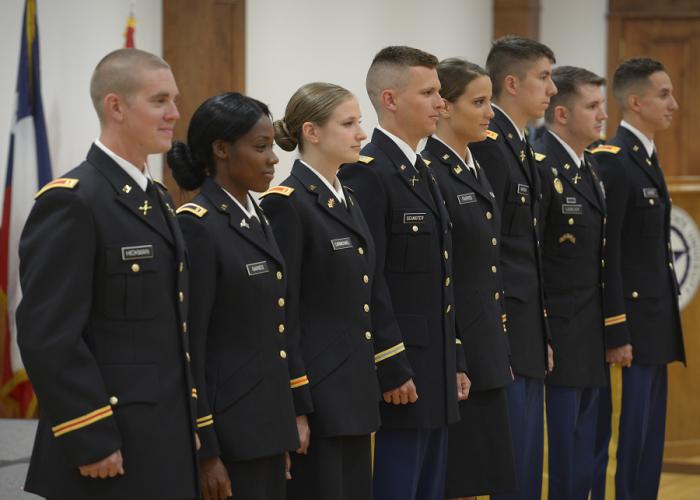 photo of the eight cadets within SFA's Reserve Officer Training Corps who were commissioned as officers into the U.S. Army 
