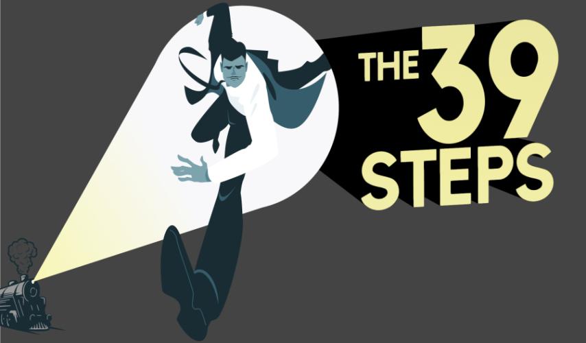 Logo for The 39 Steps showing a line drawing of a man running from a train
