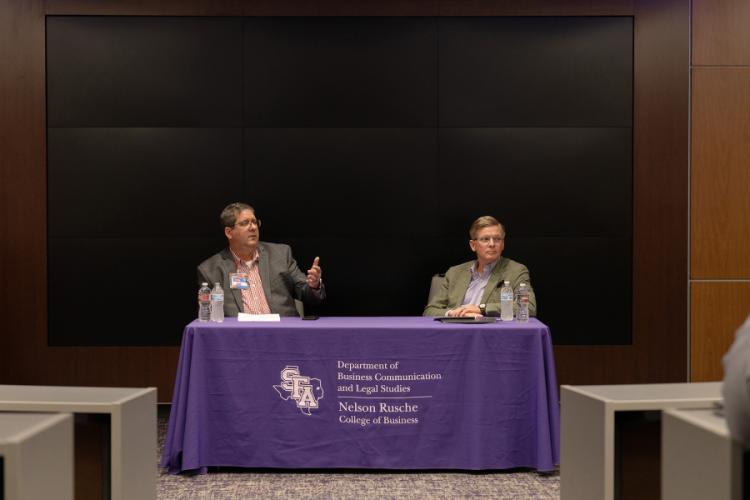Jim Lanier and David Alders at an early March panel discussion on animal welfare in business hosted by the Rusche College of Business Department of Business Communication and Legal Studies
