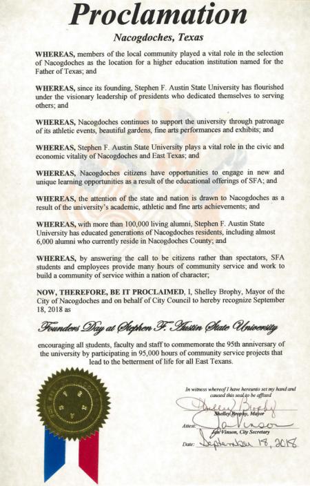 City of Nacogdoches SFA 95th Anniversary Proclamation