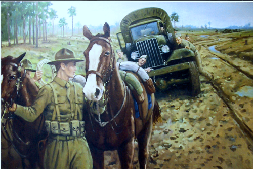 Painting named “Muddy Maneuvers” depicting the US Cavalry during the 1941 Maneuvers. The cavalry mounts are pulling out a stuck army truck. (US Army FT Polk)