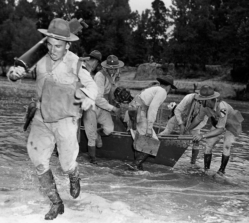 Machine gum crew of the 1st Cavalry crossing the Sabine River during maneuvers of 1941. (Rickey Robertson Collection)