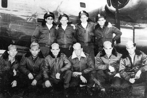 B24 crew of Sgt. Robertson. Standing Bob Fromkin, Don Ostrand, Evert Kron and Tony DeRose. Kneeling: John Kushner, Joe Kling, George Lawson, Charles Gill, Joe Kruger, and Bobbie Robertson. All survived the war but Bobbie.