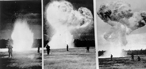 Exercise Sage Brush began with a simulated atomic bomb blast at Camp Polk. The first photo shows the start of the blast and the other two show the resemblances of a real atomic explosion and mushroom cloud (Rickey Robertson Collection)