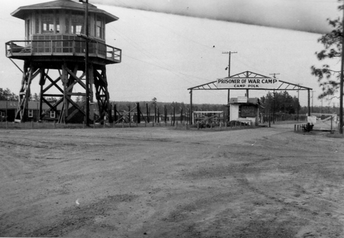 Main entrance and guard tower at the German POW Camp located at Camp Polk, La. (Rickey Robertson Collection)