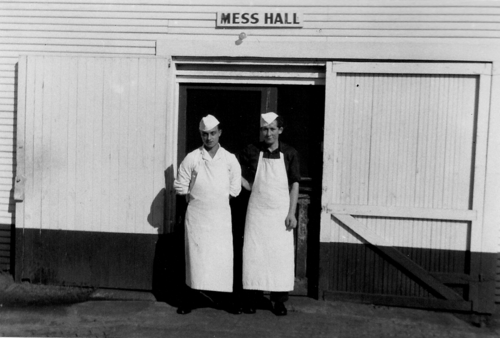 Mess Hall at Camp Polk German POW Camp with 2 German POW’s pictured. (Rickey Robertson Collection)