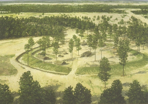 Painting of the large Vietnam War training village known as Tiger Ridge located on Peason Ridge Military Reservation. (US Army Ft Polk)