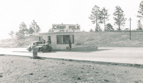 Soldiers from nearby Camp Polk attended dances and other events at the DeRidder USO. Photo is of Camp Polk’s first Front Gate. (Rickey Robertson Collection)