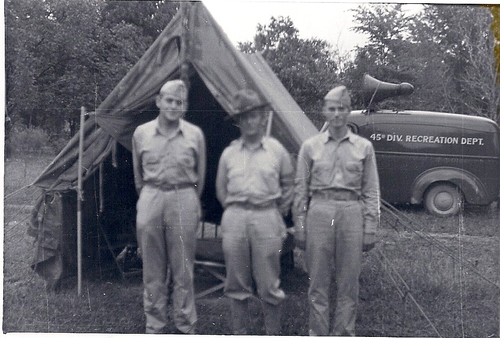 Members of the 45th Infantry Division Recreation Section in camp near DeRidder La. during the Louisiana Maneuvers of 1941. (Rickey Robertson Collection)