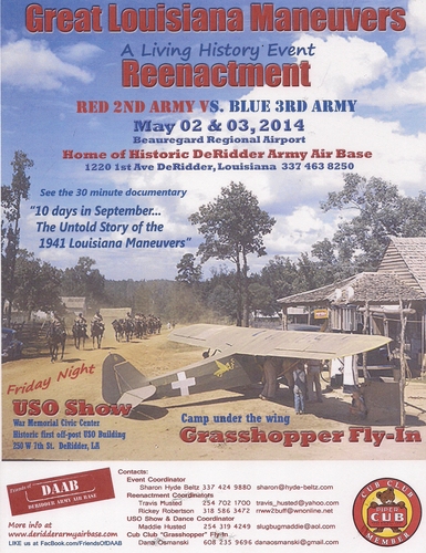 Poster advertising Living History Event at DeRidder Army Air Base on May 2nd and 3rd, 2014 and Contact information for the event. (Friends of DAAB)
