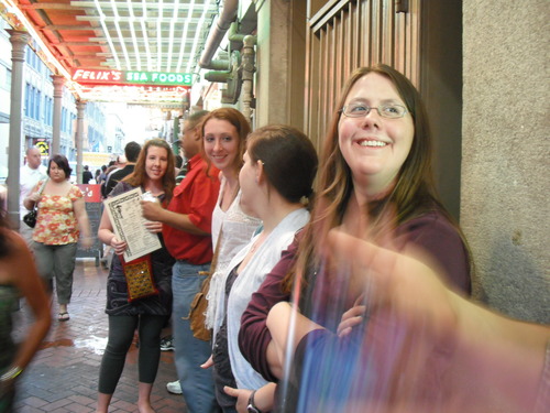 (r-l) Carolyn White, Kaitlin Wieseman, Misty Hurley, Herman Wright, and Carolyn White waiting to eat in the French Quarter of New Orleans