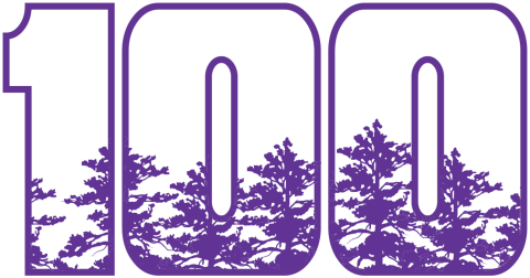Illustration of the number 100 with an inset of pine trees