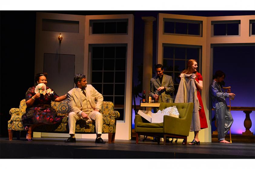 Among the cast members in the SFA School of Theatre’s presentation of Tennessee Williams’ “Cat on a Hot Tin Roof” are, from left, Tyler Junior Kiara Hawkins as Big Momma; Huffman sophomore Mike Warren as Big Daddy; Baytown junior Ryan Marshall as Reverend; Frisco senior Aubrey Moore as Maggie; and Waxahachie freshman Adam Lamb as Brick.