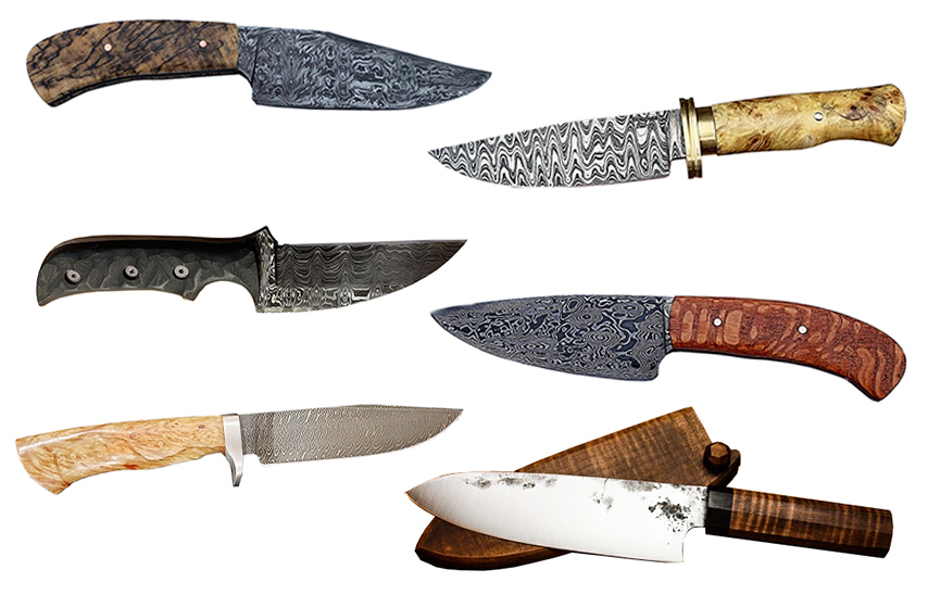 Burgess’ specialty is Damascus steel knife blades. Damascus steel is a famed type of steel recognizable by the watery or wavy light and dark pattern of the metal. Aside from being beautiful, Damascus steel is valued because it maintains a keen edge, yet is hard and flexible.