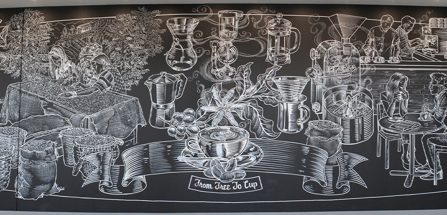A 12-foot by 40-foot mural inside the corporate headquarters of Farmer Brothers Coffee