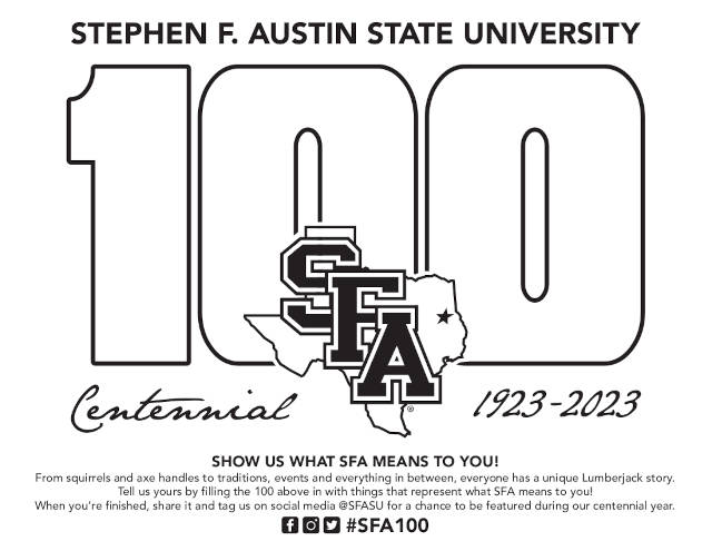 coloring page preview showing '100' behind the SFA spirit logo