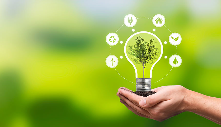 a green background with a hand holding a tree within a lightbulb shape with symbols surrounding the lightbulb