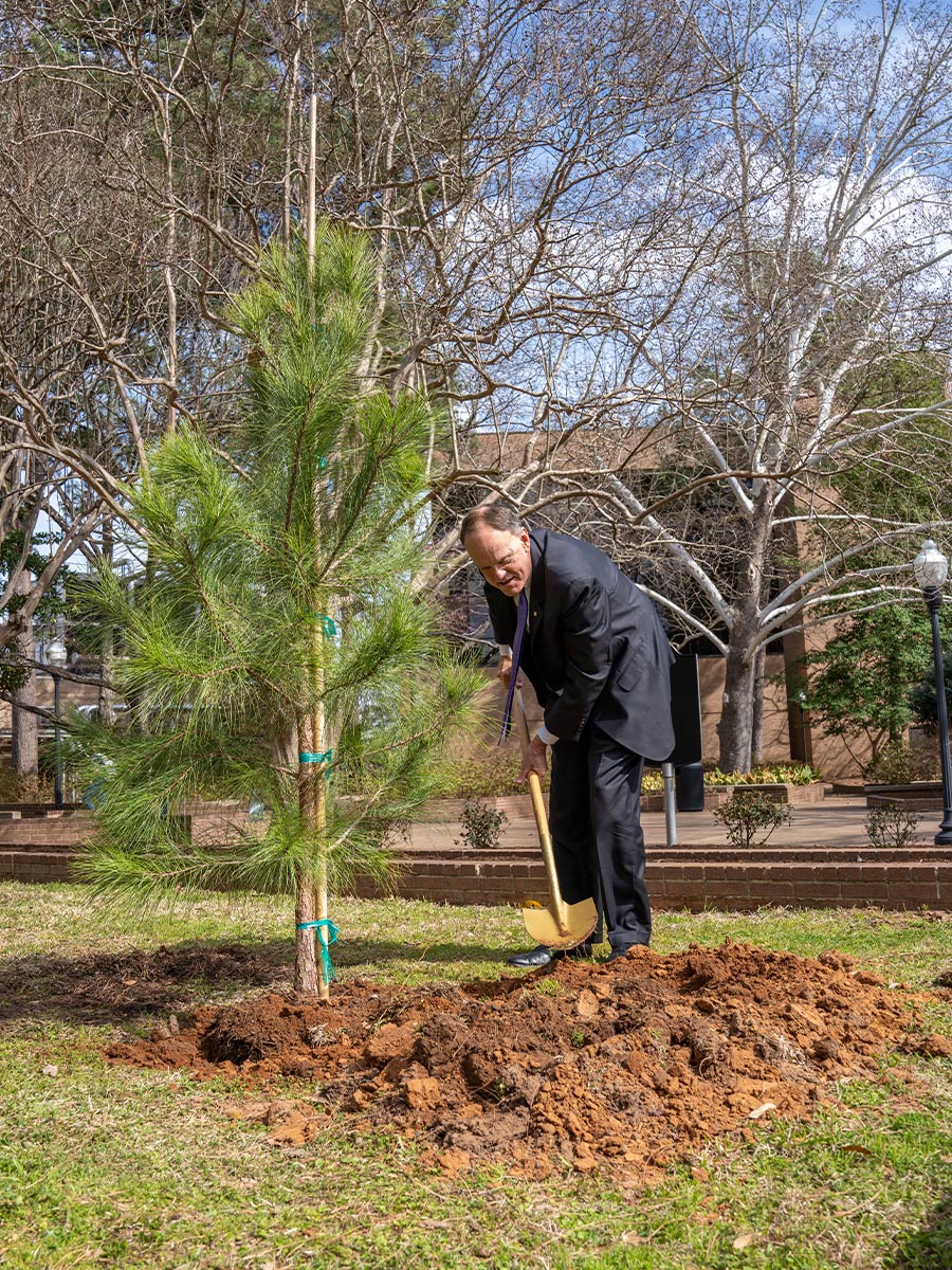 As part of SFA's centennial celebration, SFA pledged to plant 100 pine trees across campus. Dr. Steve Westbrook planted the 10th pine tree as the 10th president of SFA in front of the Austin Building. Photo by Lizeth Rodriguez Santes