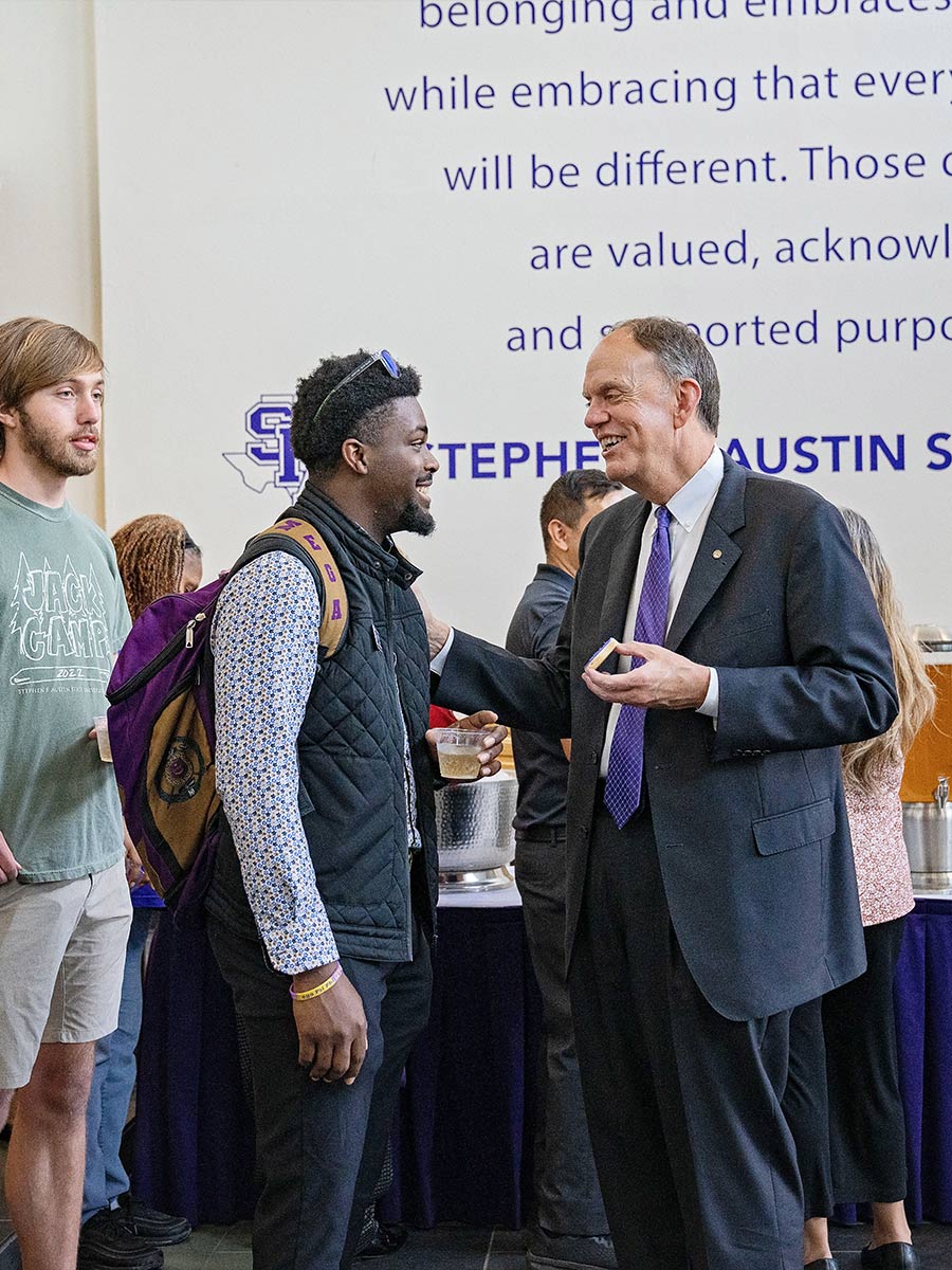 After the board meeting and luncheon, Dr. Steve Westbrook met with SFA students, faculty and staff for an informal reception in the Baker Pattillo Student Center. Photos by Lizeth Rodriguez Santes