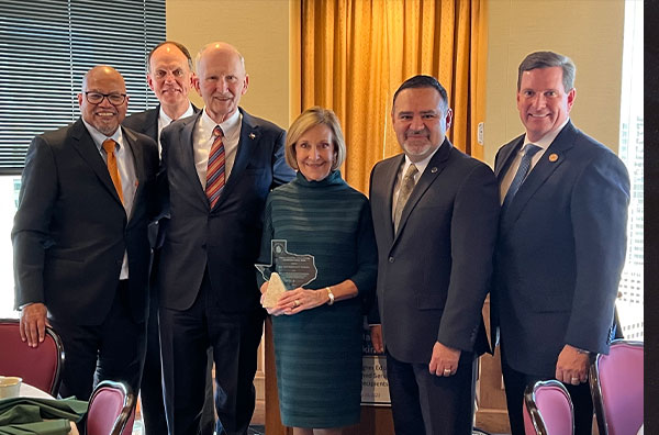 Jim and Margaret Perkins were the recipients of this year’s Texas Higher Education Distinguished Service Award. The two were honored in January in Austin. Pictured, from left, are Dr. Kirk A. Calhoun, president, The University of Texas at Tyler; Dr. Steve Westbrook, president, SFA; Jim and Margaret Perkins; Dr. Juan E. Mejia, president and CEO, Tyler Junior College; and Dr. J. Blair Blackburn, president, East Texas Baptist University.