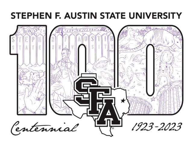 Adult category winner, colored by Savannah Walker and showing '100' behind the SFA spirit logo 