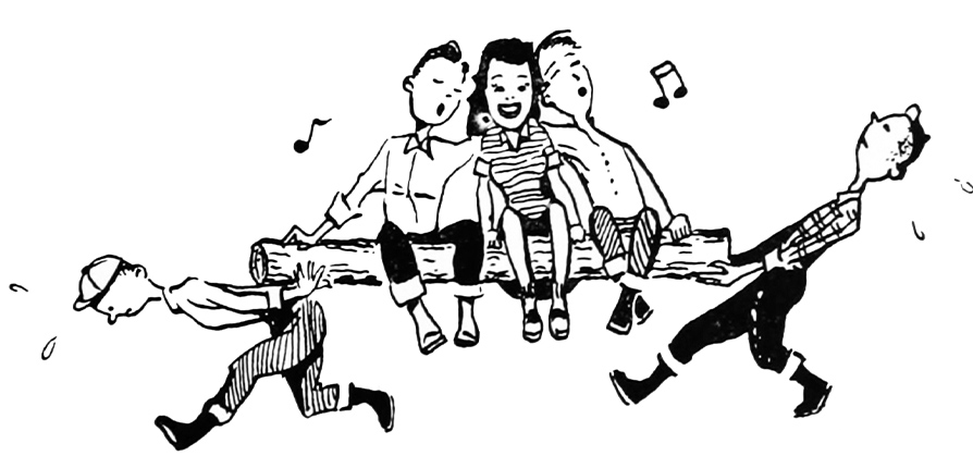 Illustration of two people carrying a log that's holding three people while they're singing