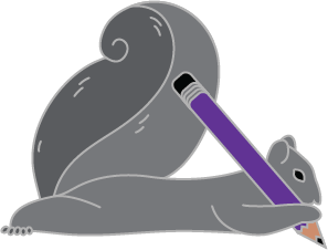 Sample pin that graduates receive showing a squirrel, "Twiggy," writing with a purple pencil