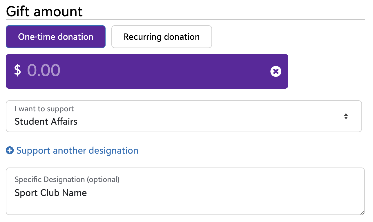 Choose to support "Student Affairs" in the dropdown options. Enter "Sport Clubs" or a specific sport club name to designate your donation. Enter your information and select the "Give Securely" button.