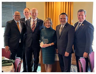 Jim and Margaret Perkins were the recipients of this year's Texas Higher Education Distinguished Service Award. The two were honored in January in Austin. Pictured, from left, are Dr. Kirk A. Calhoun, president, The University of Texas at Tyler; Dr. Steve Westbrook, president, SFA; Jim and Margaret Perkins; Dr. Juan E. Mejia, president and CEO, Tyler Junior College; and Dr. J. Blair Blackburn, president, East Texas Baptist University.