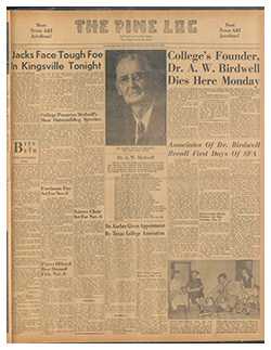 Front page of The Pine Log announcing the death of SFA President Alton W. Birdwell