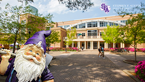 Zoom Background 21 - Student Center Courtyard with SFA Gnome