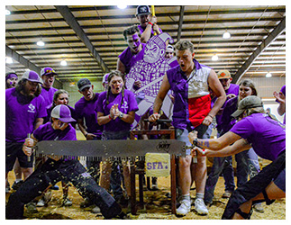 Holly Parkin and Maddie Sweeten, current Sylvans, go for the win during the women’s crosscut competition at the 66th annual ASFC Conclave. Photo courtesy of SFA Sylvans