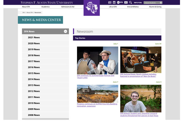 SFA News and Media Center website