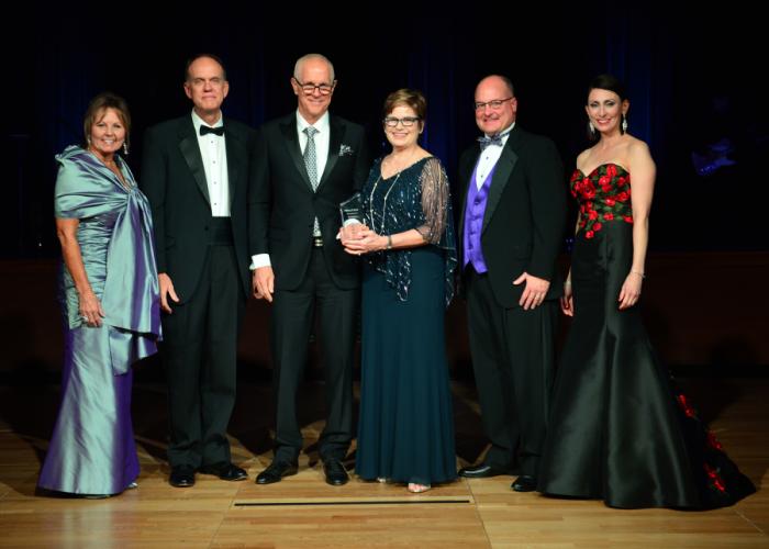 Pictured, from left, are Brigettee Henderson, chair of the SFA Board of Regents; Dr. Steve Westbrook, SFA acting president; Kurt and Cindy Kalkomey, donors and Thomas J. Rusk Society inductees; Jimmy Mize, SFASU Foundation chairman; and Jill Still, vice president for university advancement.