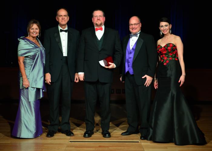 Pictured, from left, are Brigettee Henderson, chair of the SFA Board of Regents; Dr. Steve Westbrook, SFA acting president; Dr. Kevin W. Stafford, recipient of the 2018 Faculty Achievement Award for Research and associate professor in SFA’s Department of Geology; Jimmy Mize, SFASU Foundation chairman; and Jill Still, vice president for university advancement.