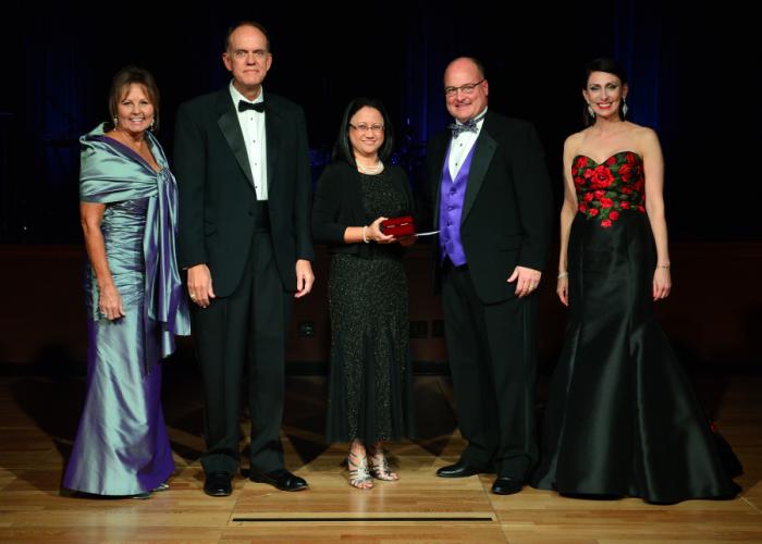 Pictured, from left, are Brigettee Henderson, chair of the SFA Board of Regents; Dr. Steve Westbrook, SFA acting president; Dr. Sheryll Jerez, recipient of the 2018 Faculty Achievement Award for Teaching and associate professor of environmental science; Jimmy Mize, SFASU Foundation chairman; and Jill Still, vice president for university advancement.